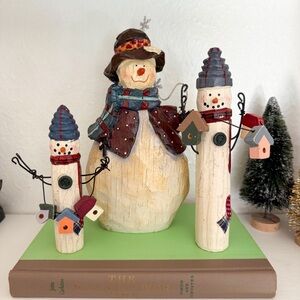 Vintage Wood Snowman Family with Colorful Accents 8.5” Set of 3 Christmas Decor